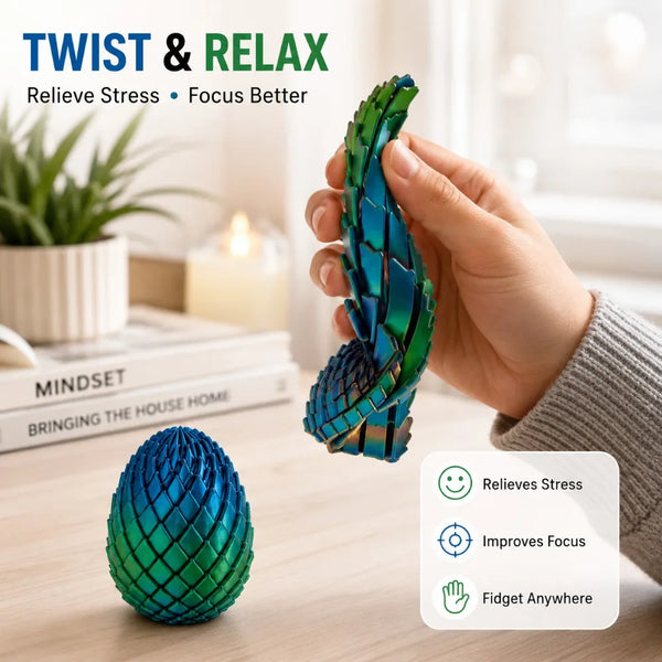 A hand holds a teal and green twisted dragon egg fidget toy, demonstrating stress relief and focus benefits.