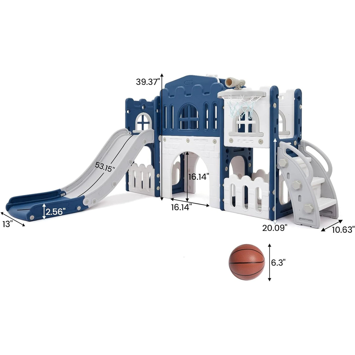 A blue and white toddler slide and playground playset featuring a slide, archway, and climbing features.