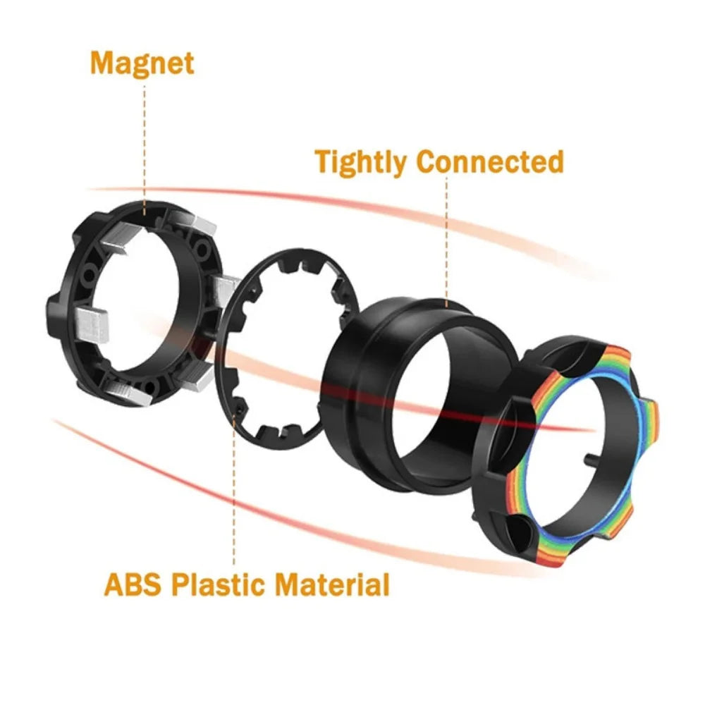 Set of three tightly connected magnetic fidget spinning rings made of ABS plastic material