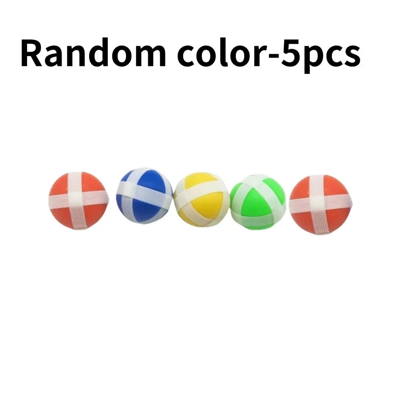 Five colorful sticky balls in red, blue, yellow, green, and red are displayed for a target shooting game set.