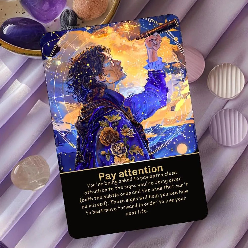 A dark blue oracle card featuring a portrait of a man with flowing hair and blue clothing against an orange and yellow backgr
