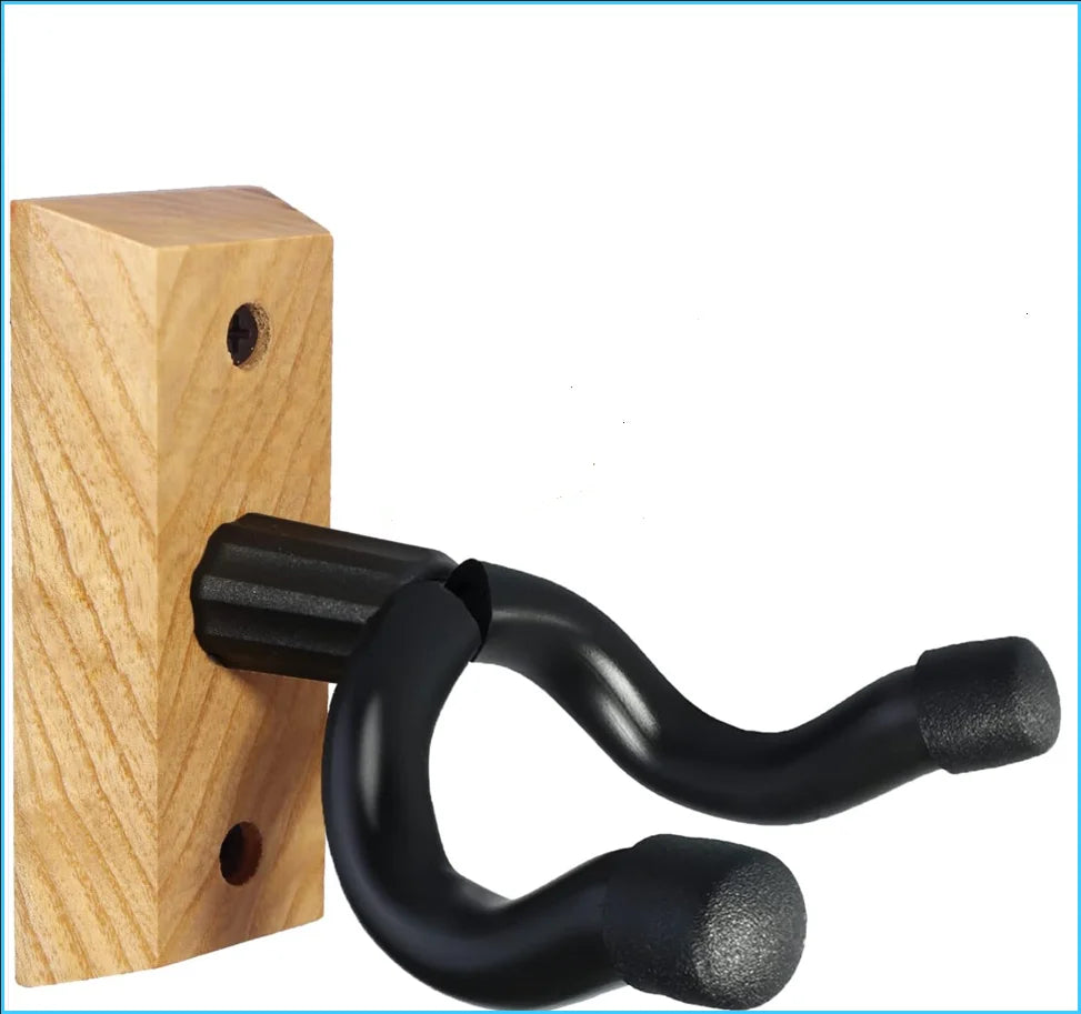 A black, curved wall mount hanger made of metal is attached to a wooden block.