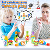 A woman and a child are playing with a colorful foam bowling set featuring ten numbered pins and two soft balls.