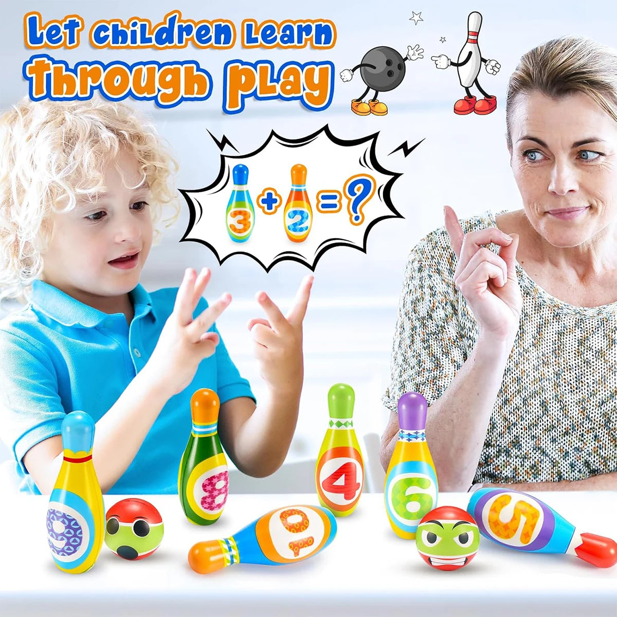 A woman and a child are playing with a colorful foam bowling set featuring ten numbered pins and two soft balls.