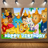 A colorful cartoon scene featuring several cute tiger and animal characters celebrating a birthday party.