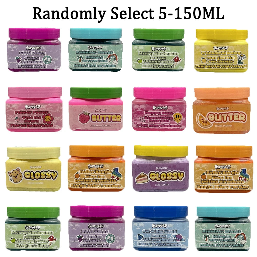 A collection of 150ml slime products in various colors and packaging, including butter, glitter, and glossy types.