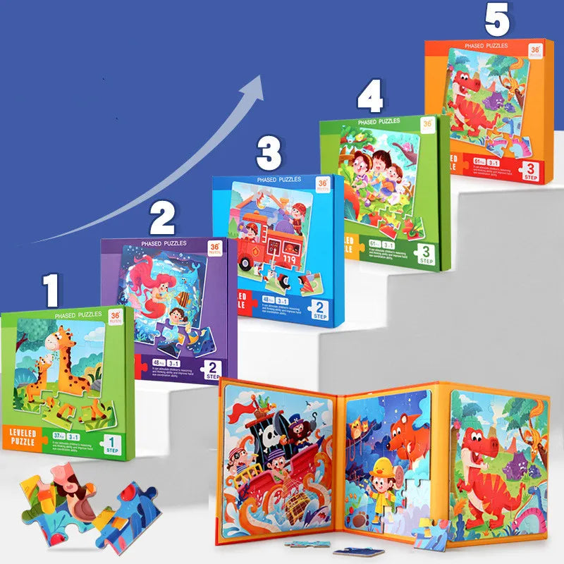 A set of five themed magnetic puzzles featuring vehicles, ocean life, and dinosaurs stacked on a gray surface.