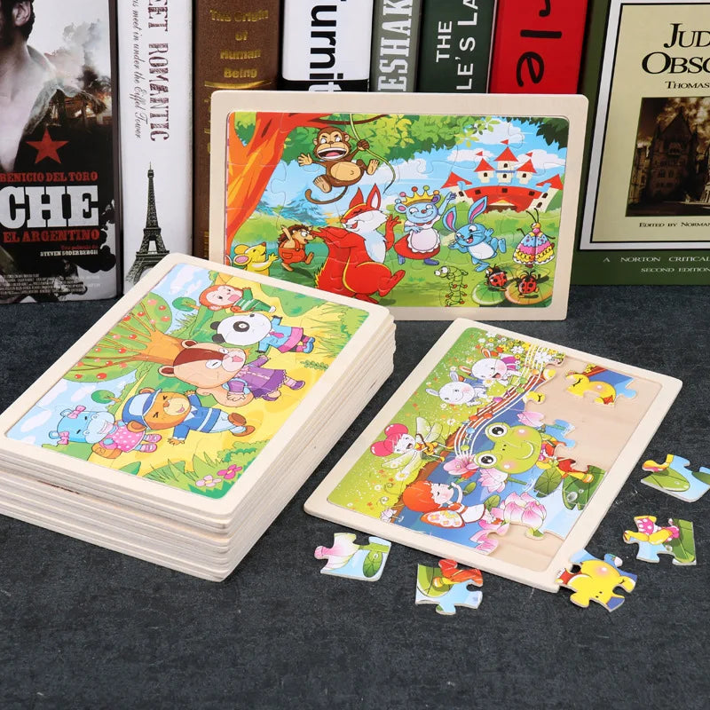 A box of 24-piece wooden animal jigsaw puzzles featuring colorful woodland animals for toddlers.