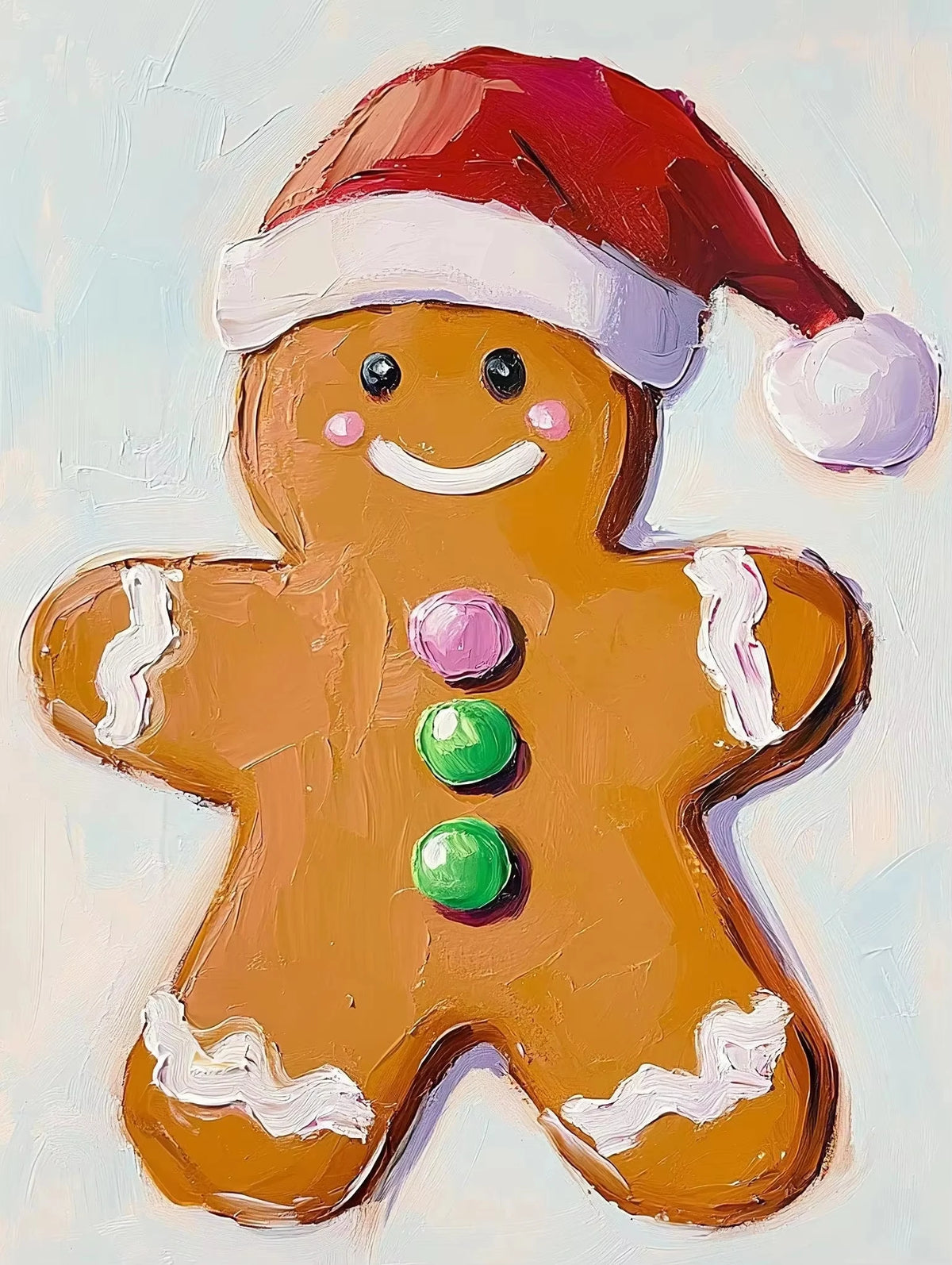 A painted gingerbread man figure with pink and green candies, part of a Christmas diamond painting kit.