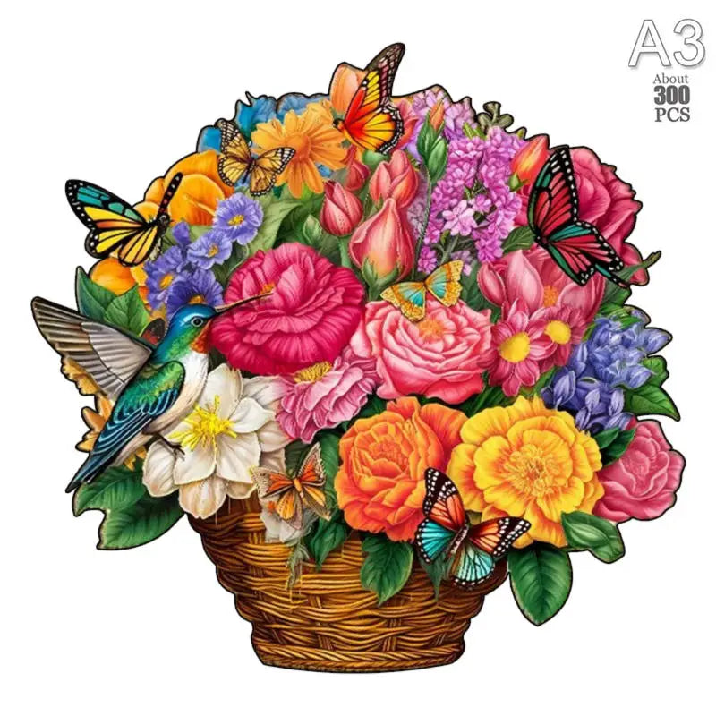 A vibrant bouquet of flowers, butterflies, and a cat are arranged in a wooden basket for a puzzle.