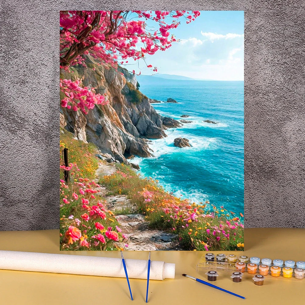 A painting of a vibrant pink cherry blossom tree over a cliff overlooking the blue ocean and coastline.