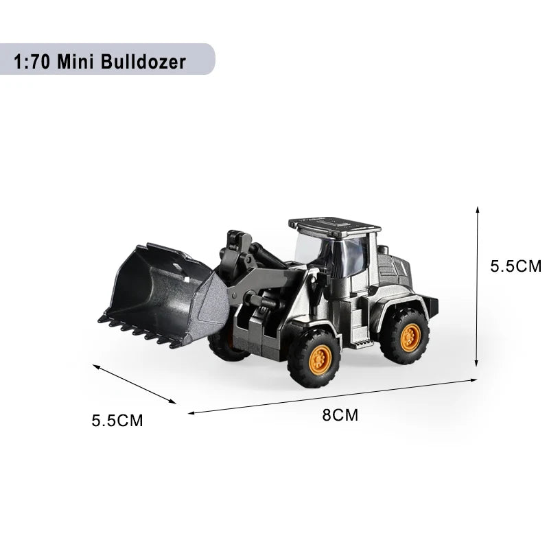 A 1:70 Mini Bulldozer diecast model in black and gray, shown from the side with dimensions.