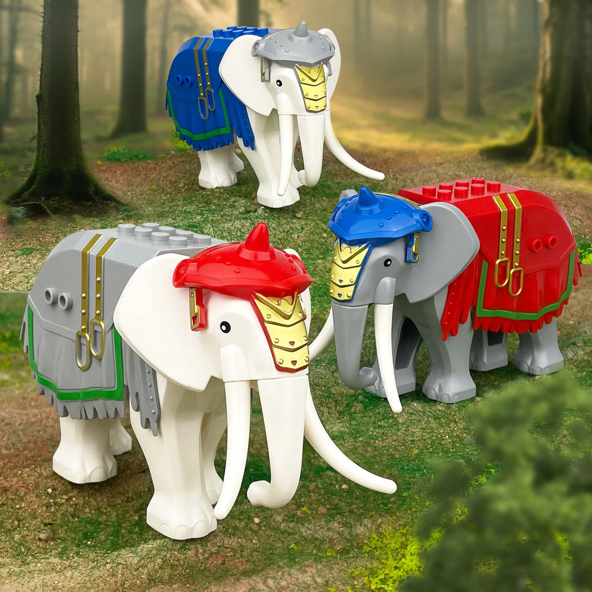 A set of six elephant building blocks in various colors and styles, including gray, white, blue, and red.