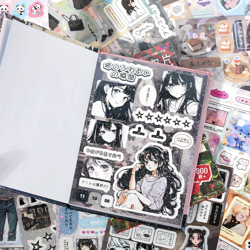 A close-up view of a decorative cut film sticker set featuring anime-style characters and designs for scrapbooking.