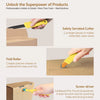 A set of tools including a safety serrated cutter, fold roller, and screwdriver used for cardboard construction.