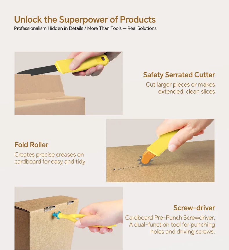 A set of tools including a safety serrated cutter, fold roller, and screwdriver used for cardboard construction.