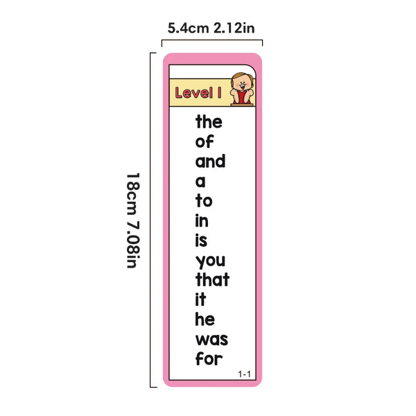 Eine vertikale Lernkarte mit den Sätzen the, of, and, a, to, in, is, you, that, it, he, was, for.