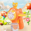 An orange bear-shaped automatic bubble gun with lights is shown on a light background.