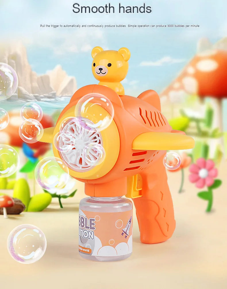 An orange bear-shaped automatic bubble gun with lights is shown on a light background.
