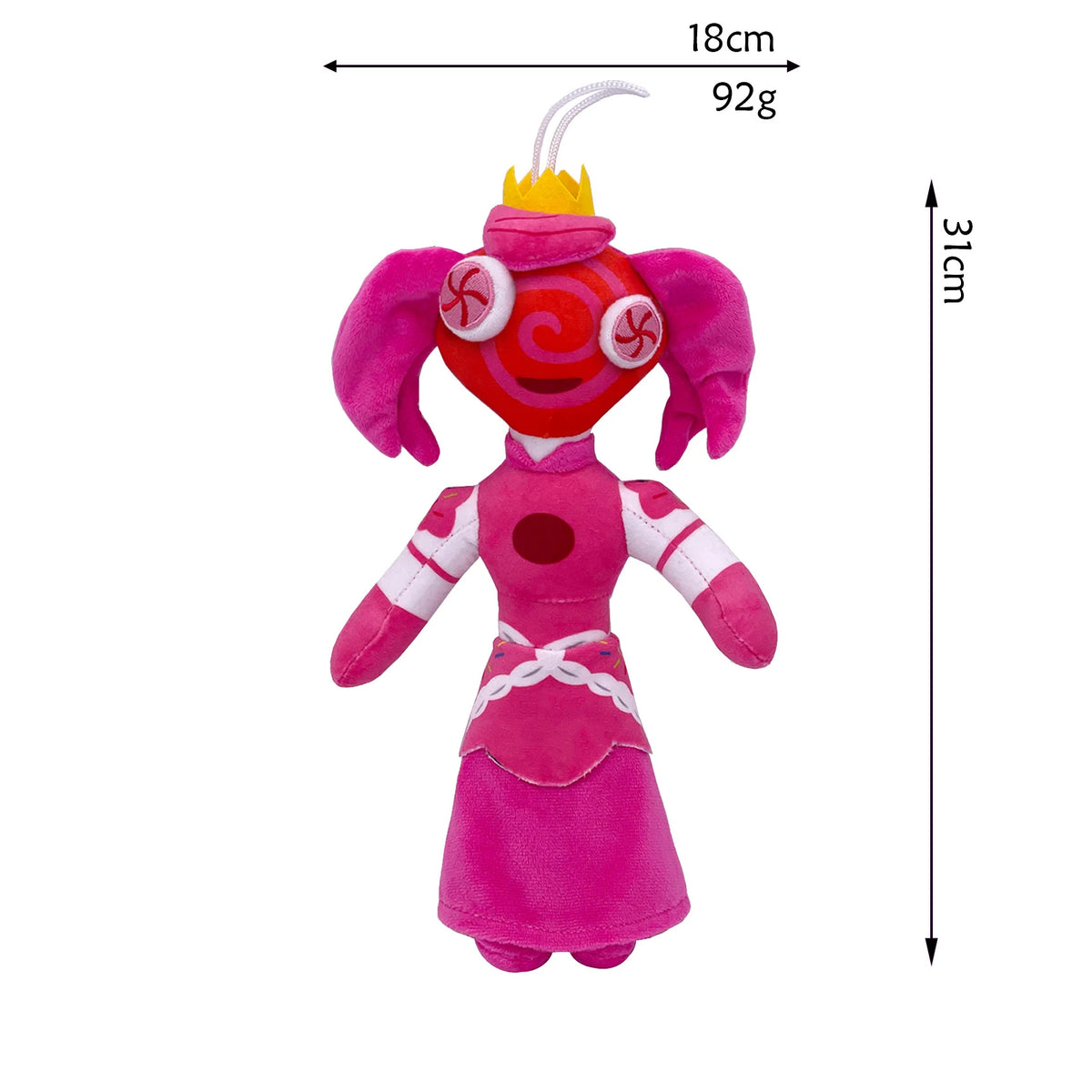 A pink plush toy of a maid character with a red headpiece and white accents.