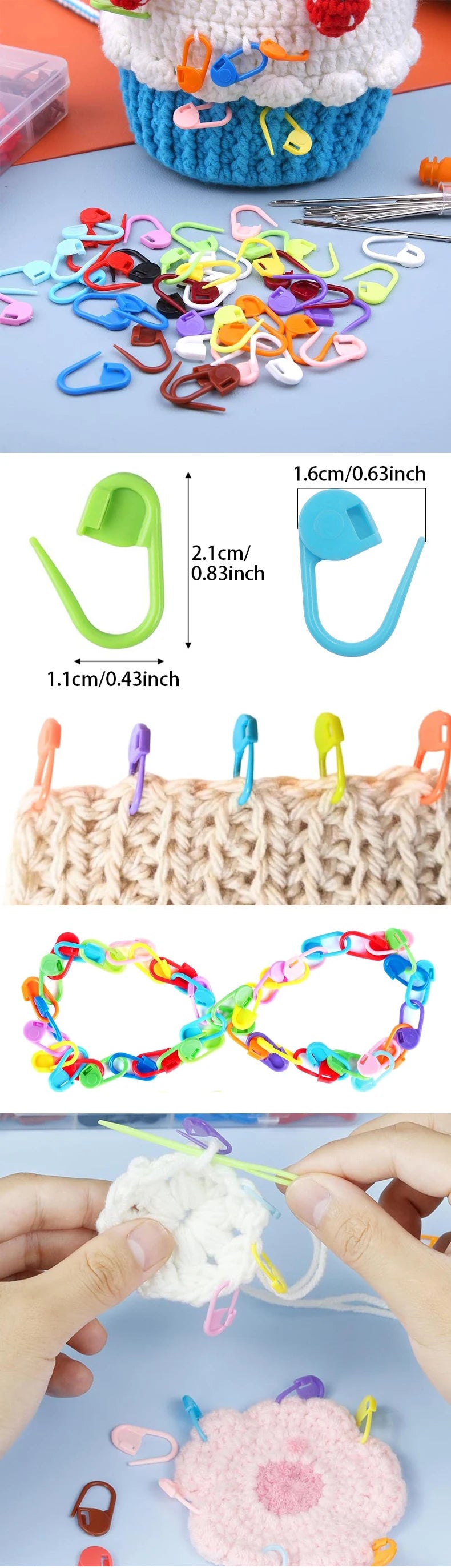 A collection of colorful locking stitch markers for knitting and crochet, including plastic and wire types.