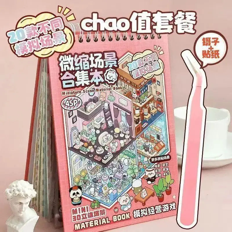 A pink box of miniature 3D house scene material book with various stickers and scenes for journaling