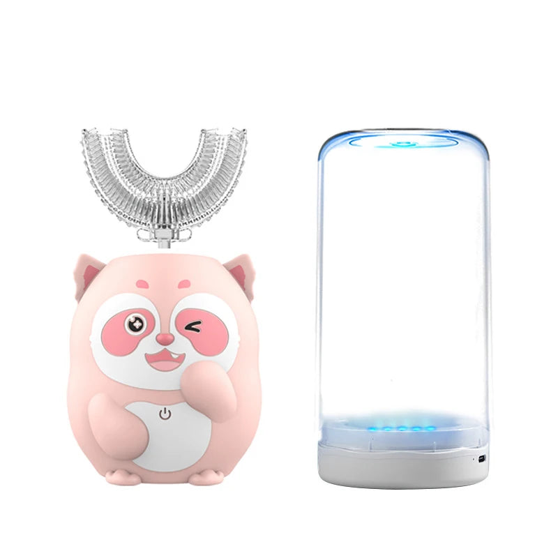A pink cartoon panda shaped electric toothbrush with a U-shaped head and a clear cylindrical charging base.