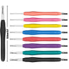 An image showing an 8-piece ergonomic crochet hook set with various sizes ranging from 2.5mm to 6.0mm in different colors.