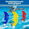 A set of three colorful diving dolphin toys floating in blue water.