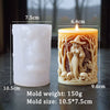 A silicone candle mold shaped like a witch portrait featuring skulls and foliage, displayed next to the finished candle.