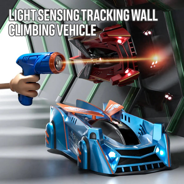 A blue light gun is firing a beam at a red wall-climbing vehicle inside a green structure.