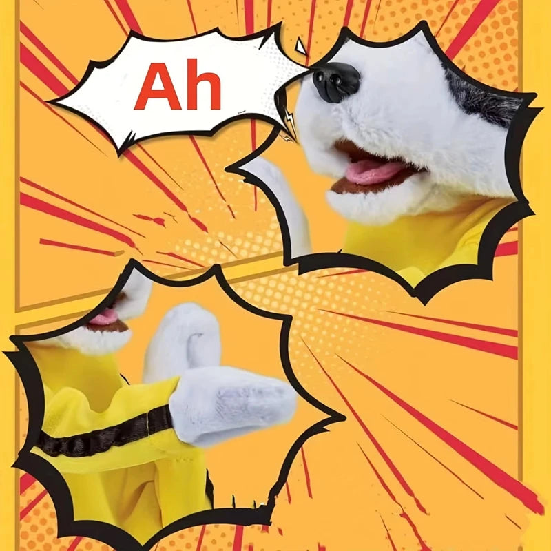 A white husky puppet with yellow clothing is shown making an 'Ah' sound expression.
