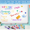 A set of eight colored fine tip dry erase markers writing words and symbols on a whiteboard.