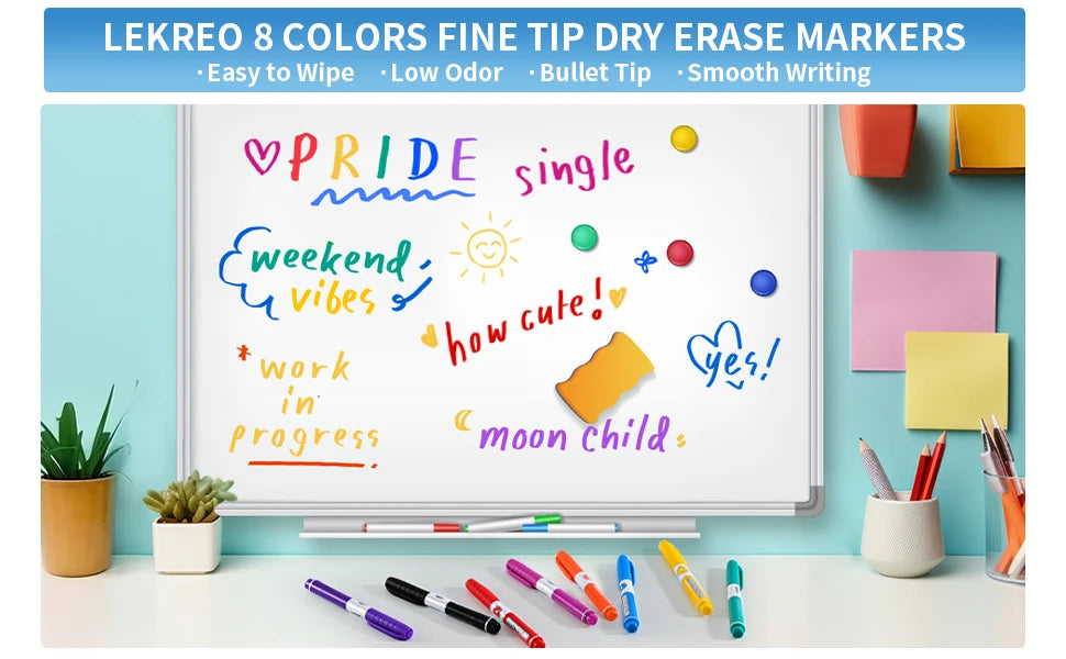 A set of eight colored fine tip dry erase markers writing words and symbols on a whiteboard.