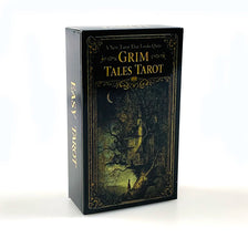 A box of the Grim Tales Tarot deck featuring vintage gothic imagery and dark tones.