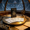 A dark wooden table displays an oracle deck and tarot cards set against a window view of the night sky.