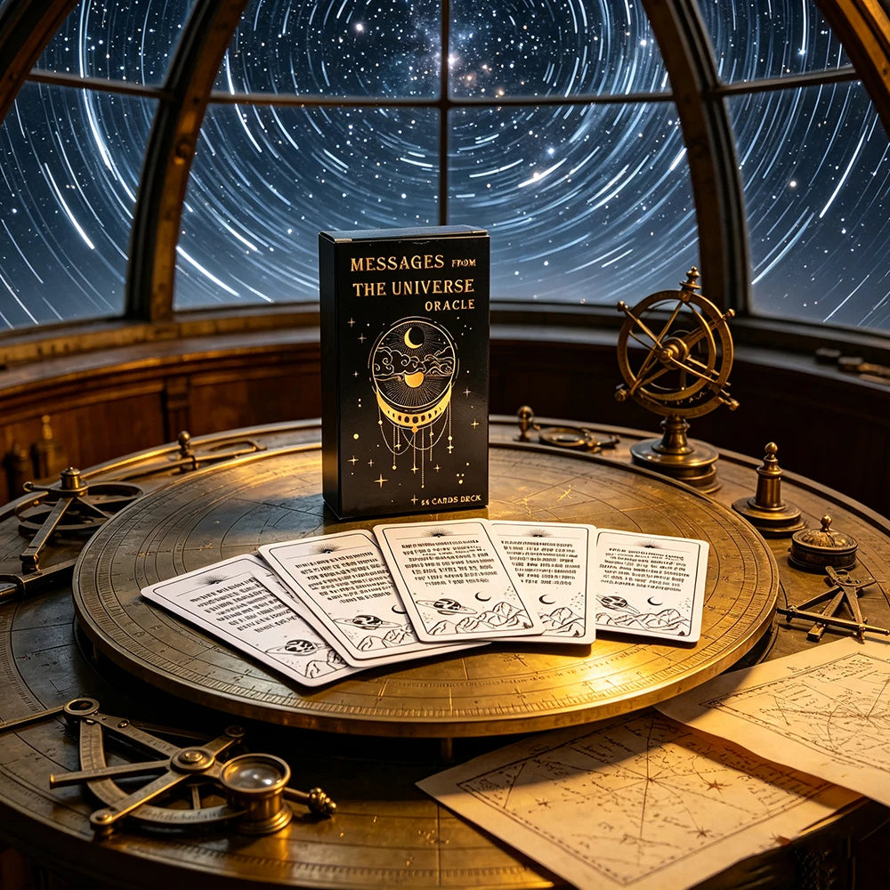 A dark wooden table displays an oracle deck and tarot cards set against a window view of the night sky.