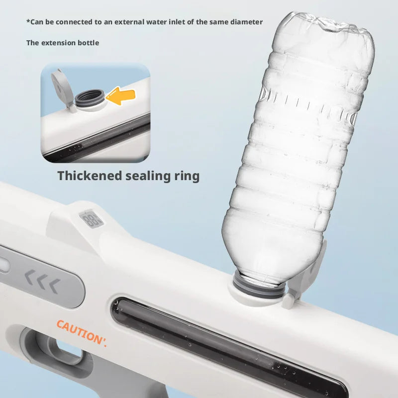 A close-up view of an automatic electric water gun with a thickened sealing ring and an extension bottle attached.