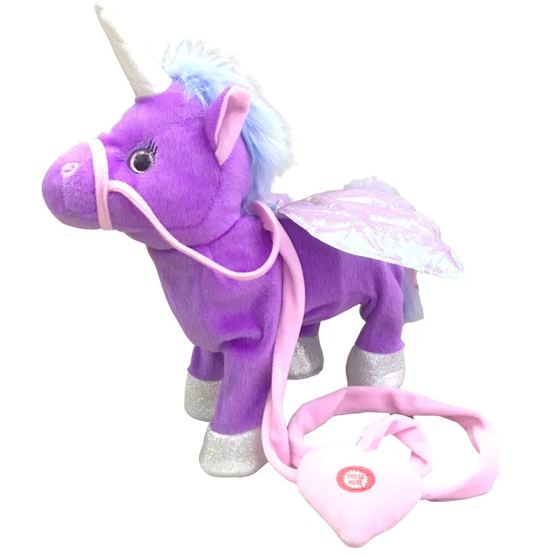 A purple unicorn plush toy with a silver horn and pink mane and tail, featuring a pink musical walking accessory.