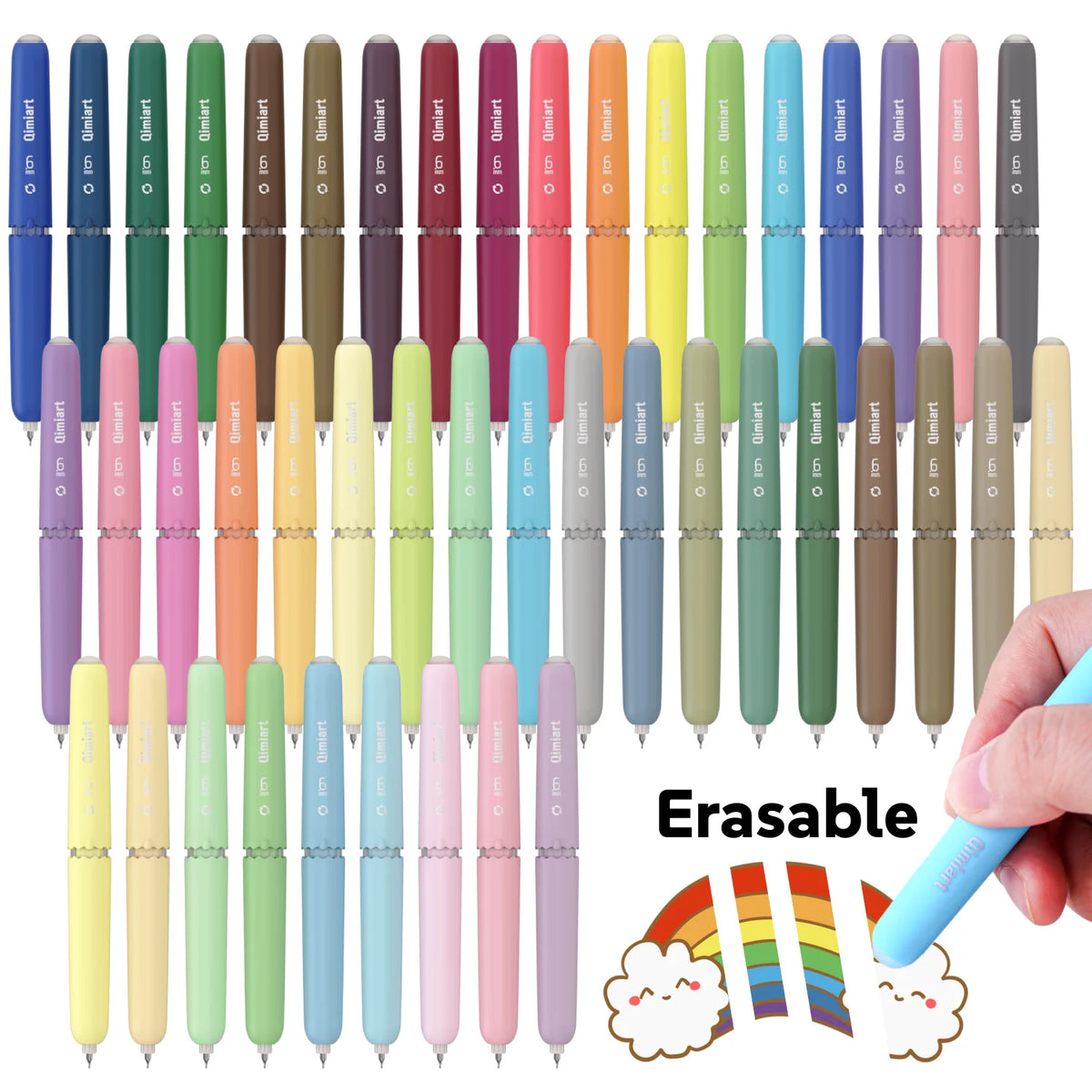 A collection of colorful erasable gel pens with a cute eggshell design shown in a hand