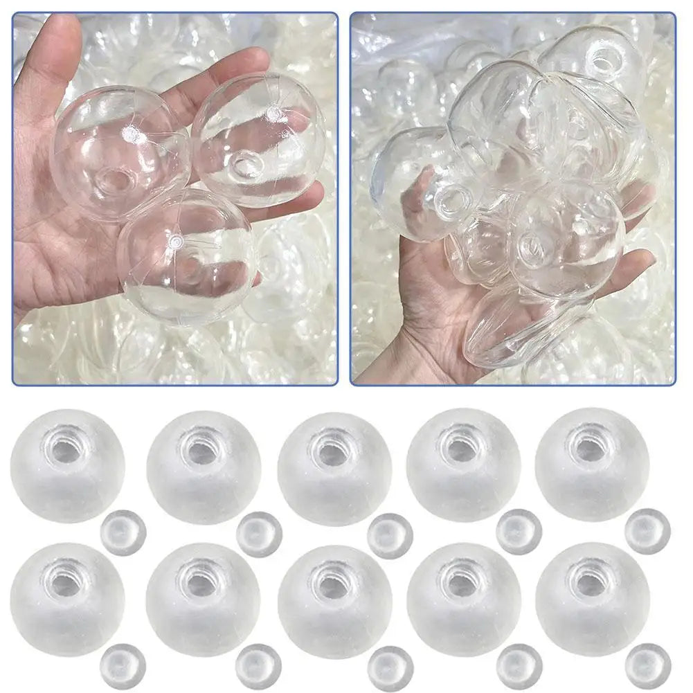 Clear squishy stress ball covers and refillable shells shown in various sizes