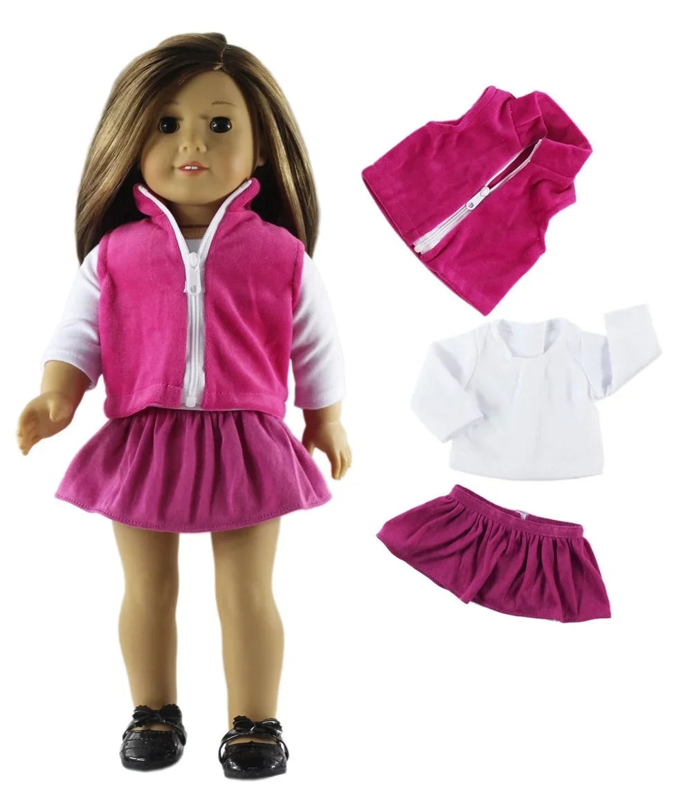 A pink and white casual outfit set for a doll featuring a pink vest and matching skirt.
