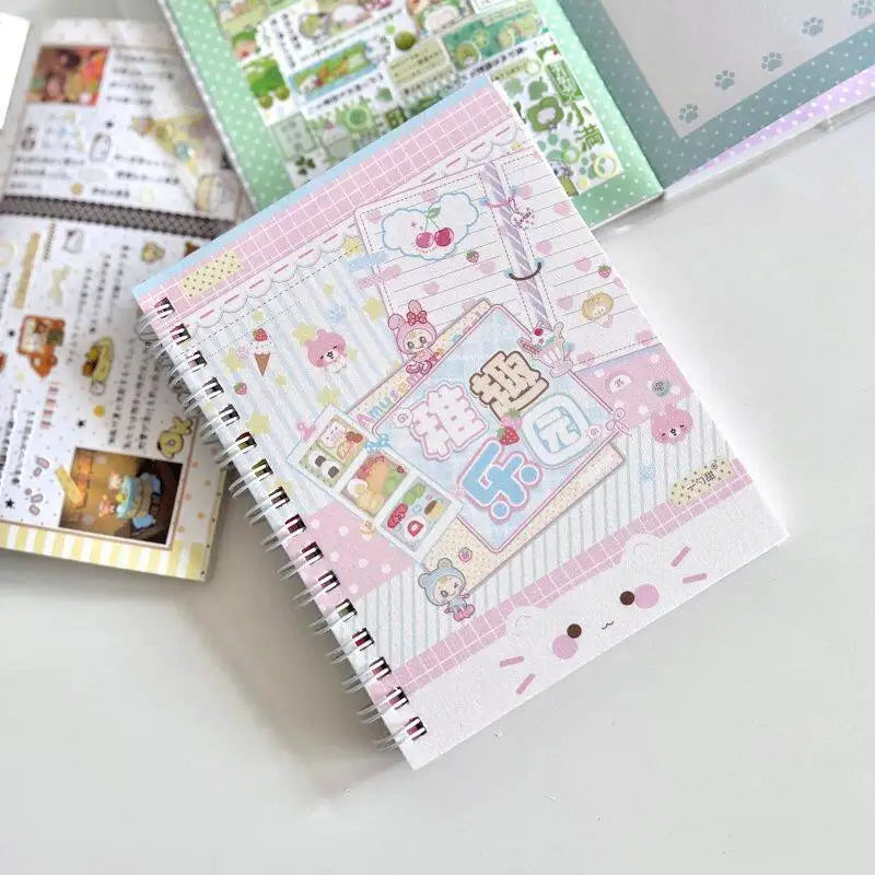 A pink and white sticker book with a Japanese theme featuring cute characters and designs for journaling.
