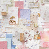 A collage of vintage scrapbook paper featuring various textures, colors, and handwritten elements.