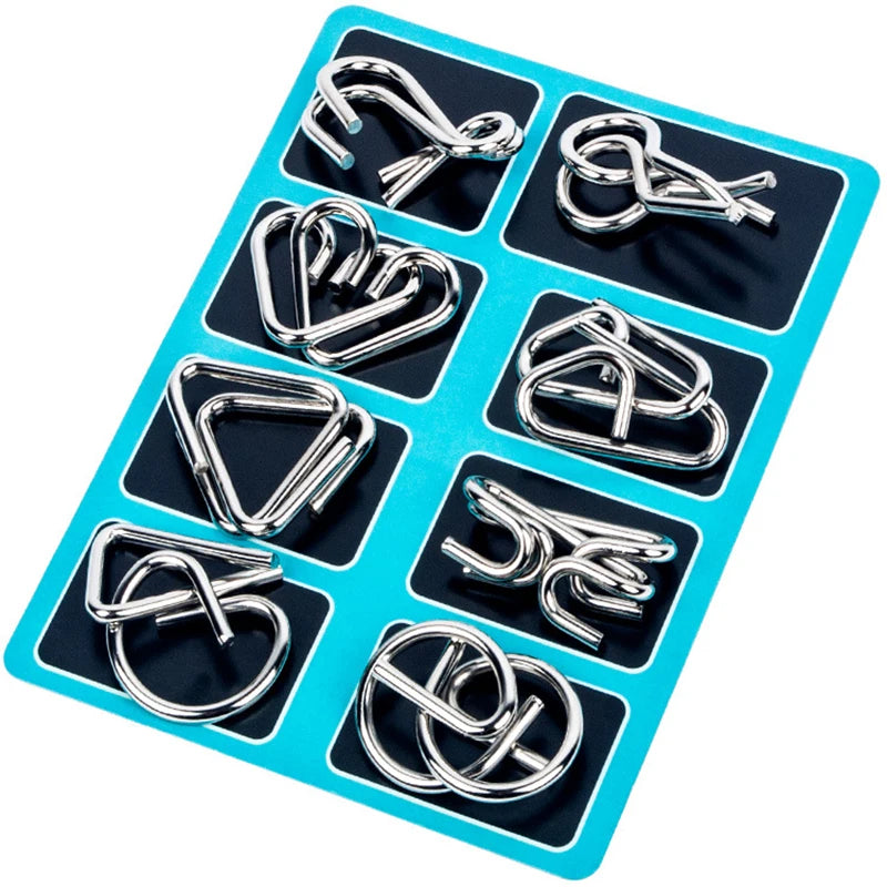 A blue plastic tray containing various metal wire puzzle components for a brain teaser or IQ challenge.