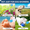 A portable silicone pet shower head is shown being used for watering plants, dog drinking, sandy feet, and dog toys.