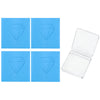 Four square blue wax pieces with diamond shapes and an open clear plastic container for diamond painting clay