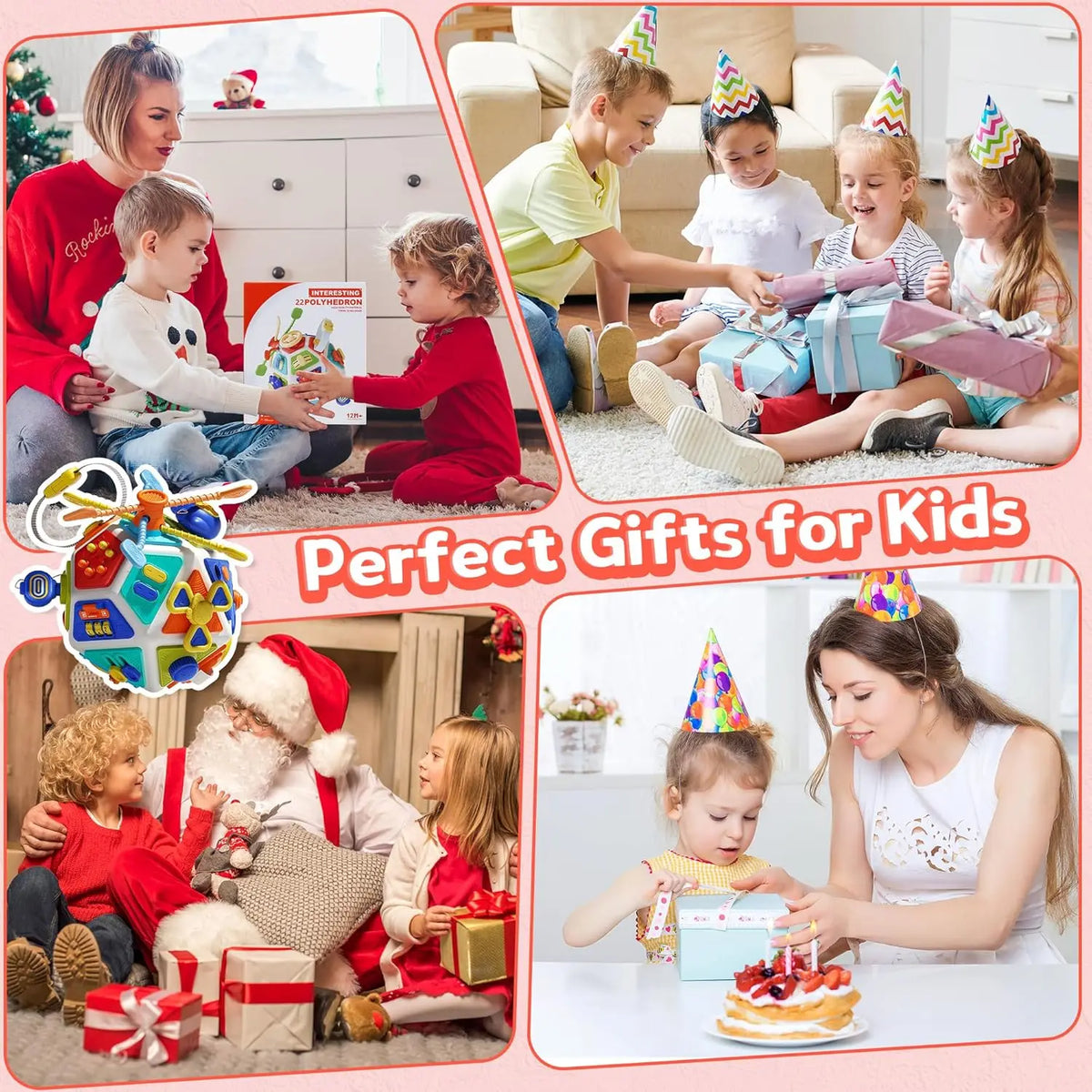A collection of colorful Montessori busy board cubes and gifts for kids, including sensory toys and birthday presents.