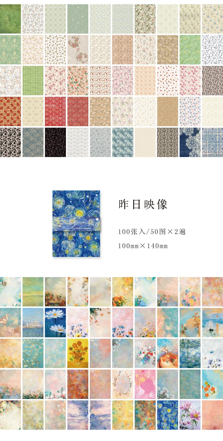 A collection of vintage scrapbook paper sheets featuring various floral, textured, and patterned designs in muted and vibrant