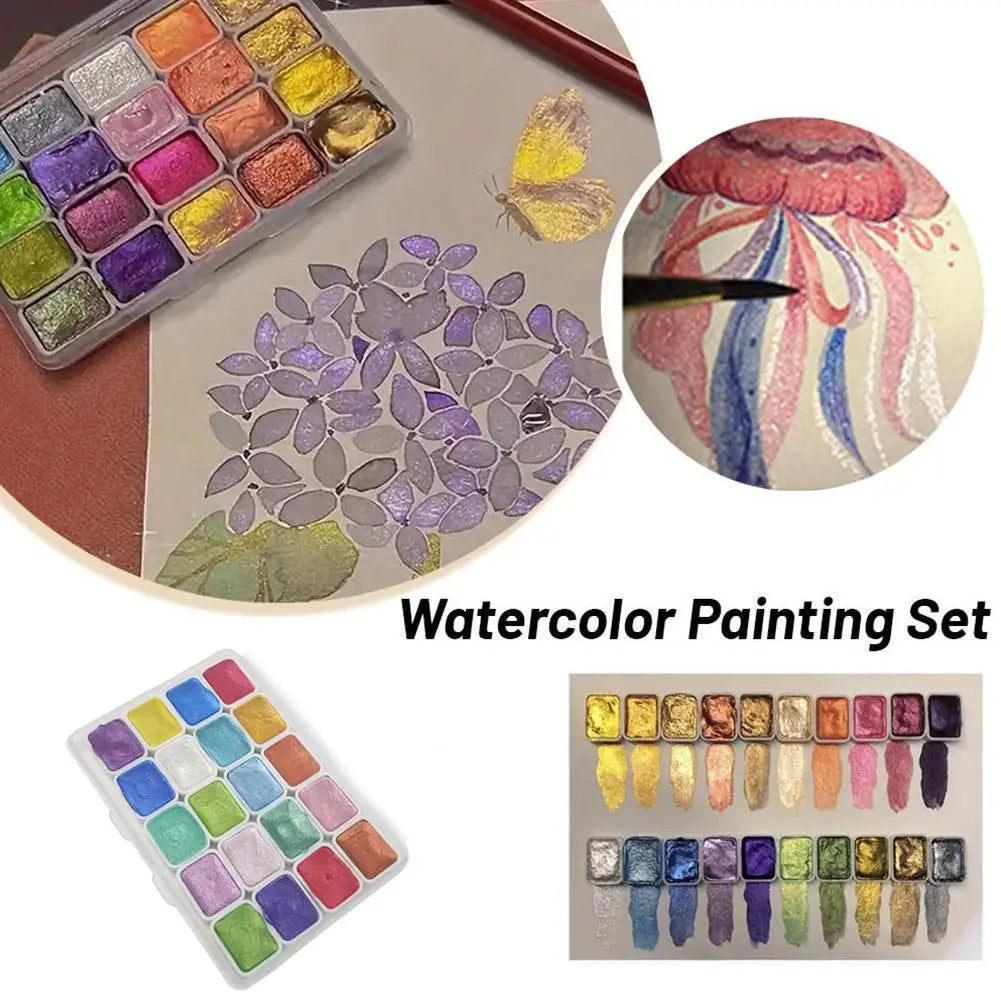 A watercolor painting set featuring a travel tin, loose paints, and a palette of vibrant colors.